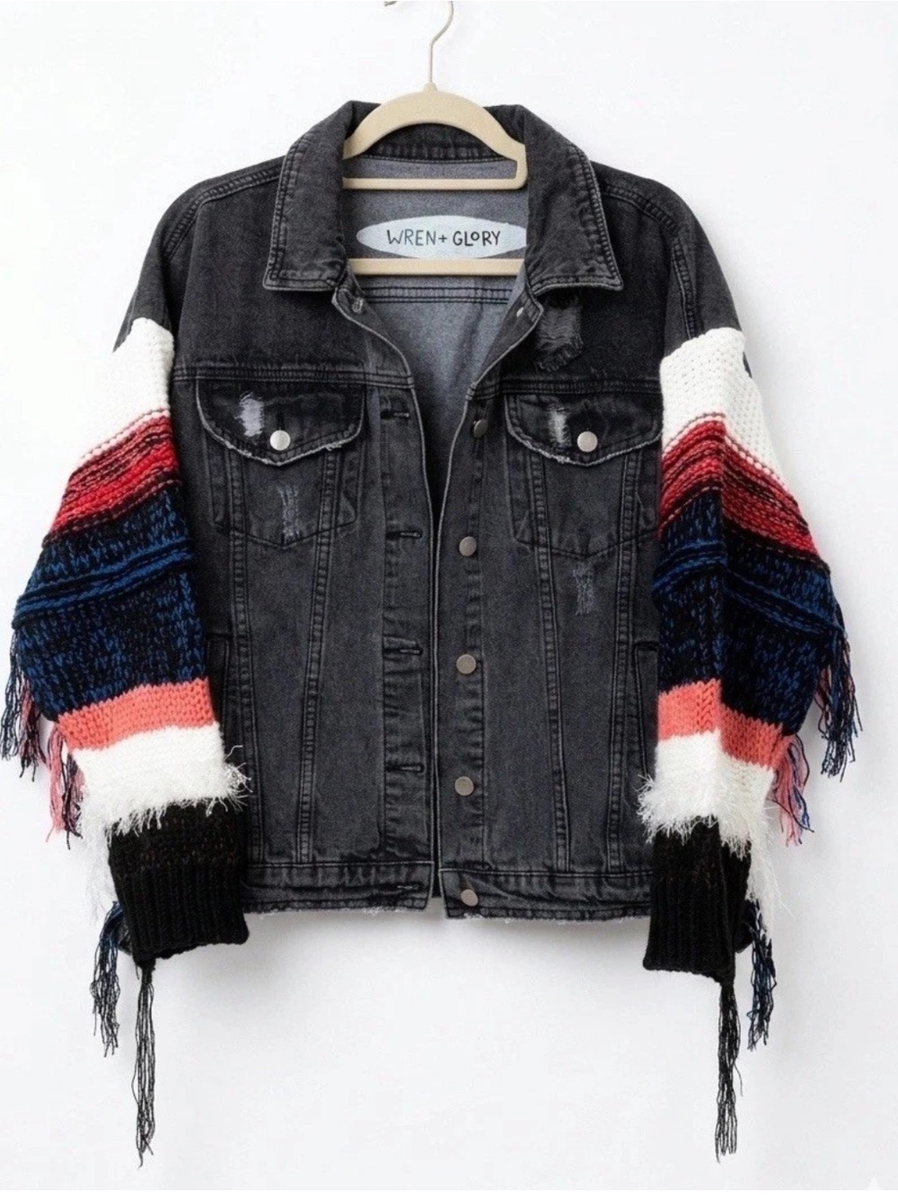 Wren + Glory Knitter Black Denim Distressed Jacket Boho Knit Sleeves Small